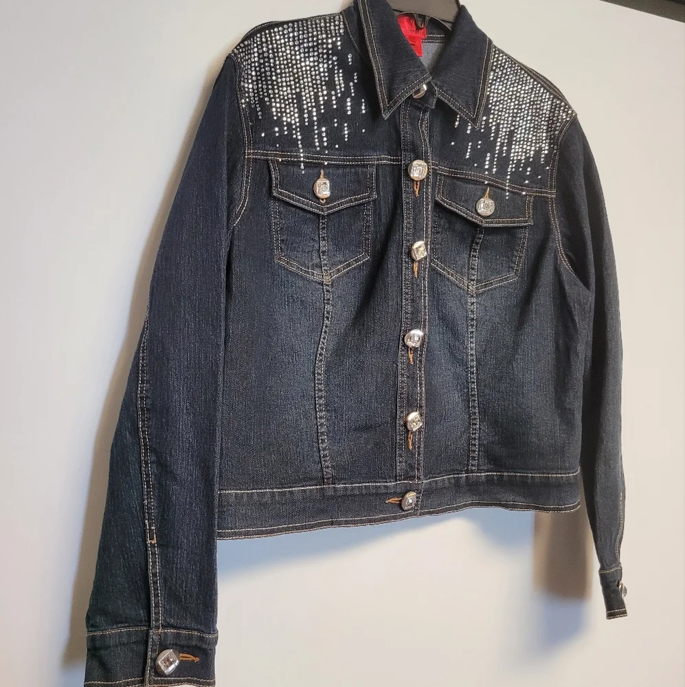 V Cristina Dark Wash DenimJean Silver Stud Jacket Large - Picture 3 of 11